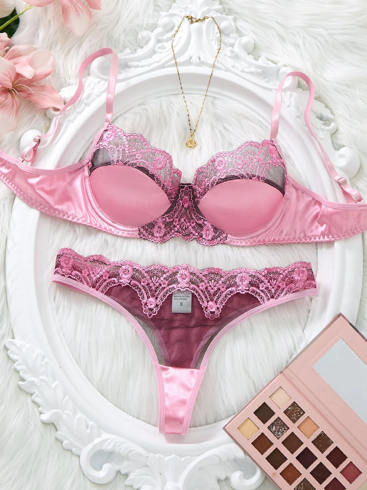 Pink Satin Lace Bra Set