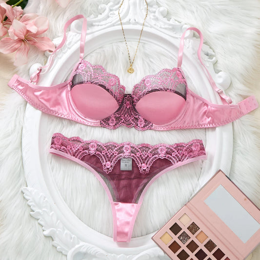 Pink Satin Lace Bra Set