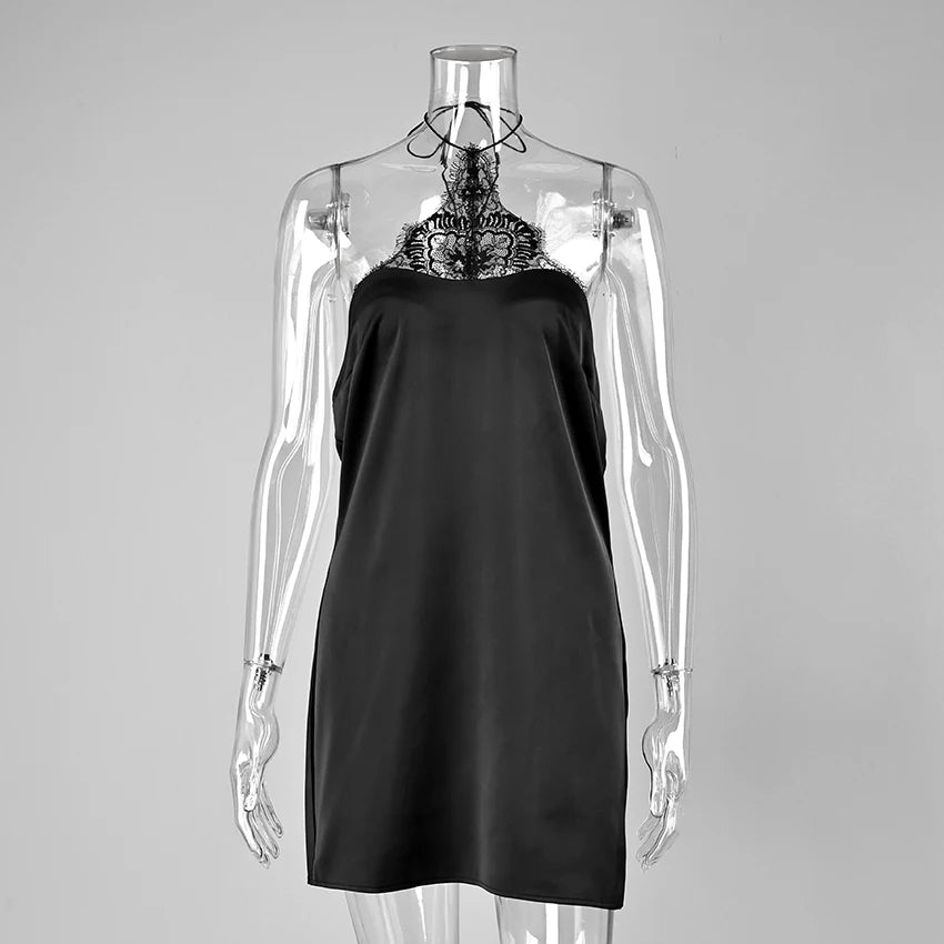 Lace Halter Satin Mini Dress
