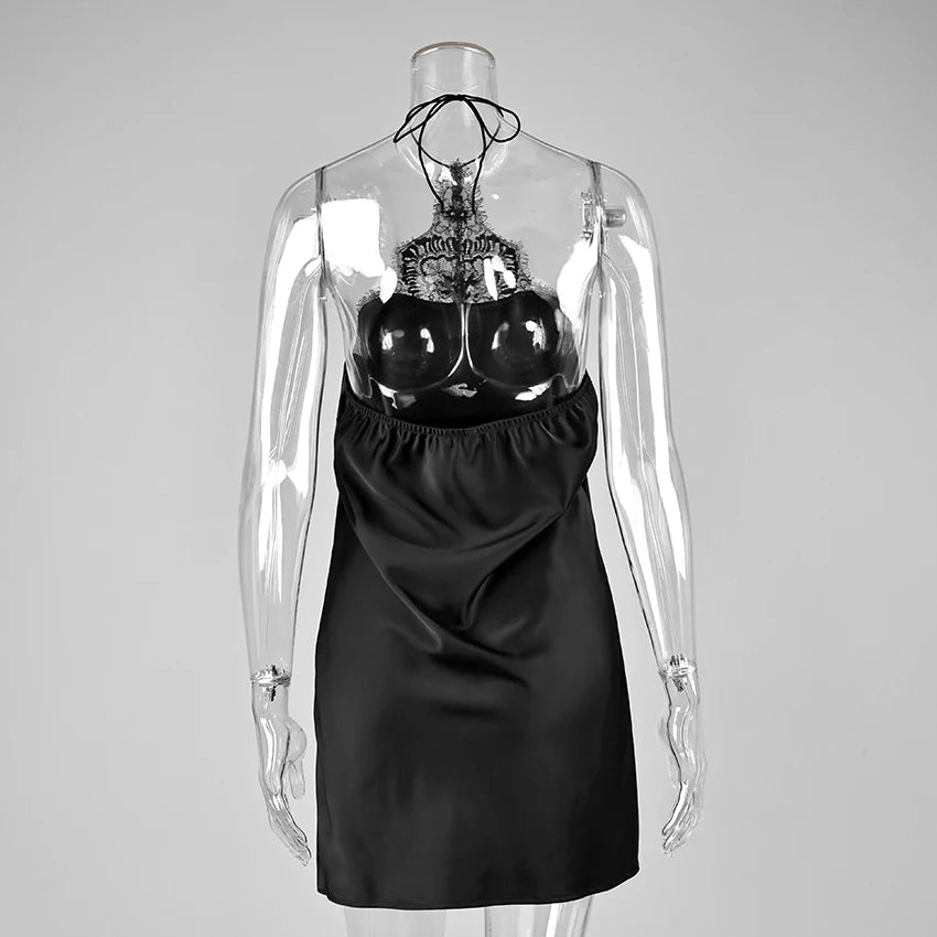 Lace Halter Satin Mini Dress