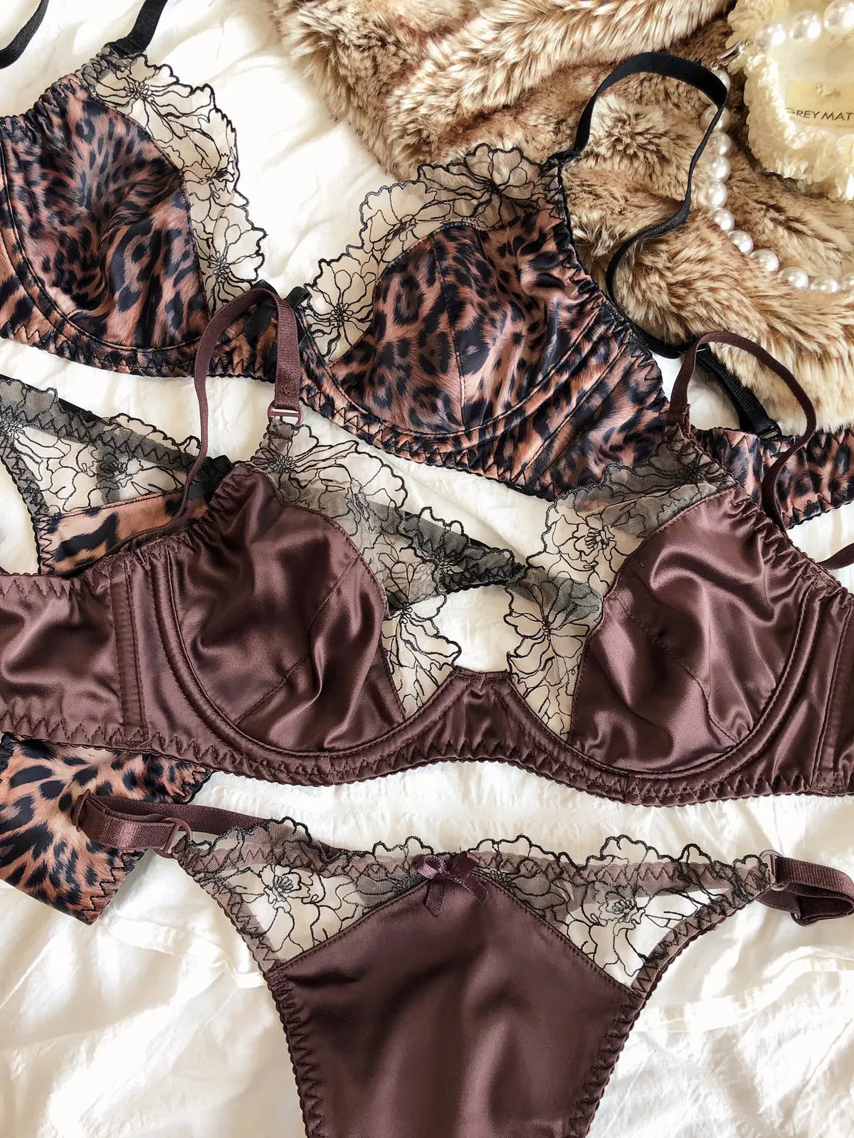 Leopard Lace Satin Lingerie Set