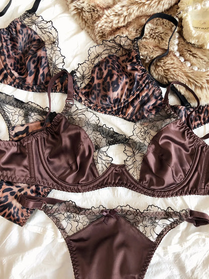 Leopard Lace Satin Lingerie Set