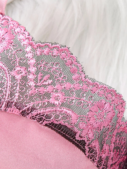 Pink Satin Lace Bra Set