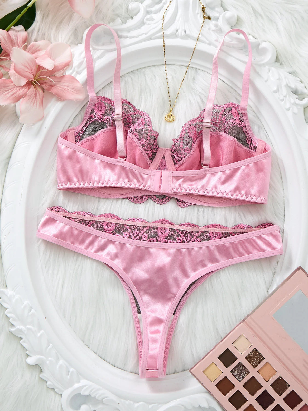 Pink Satin Lace Bra Set