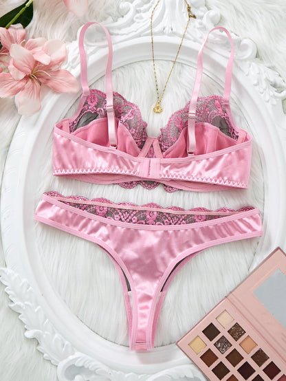 Pink Satin Lace Bra Set